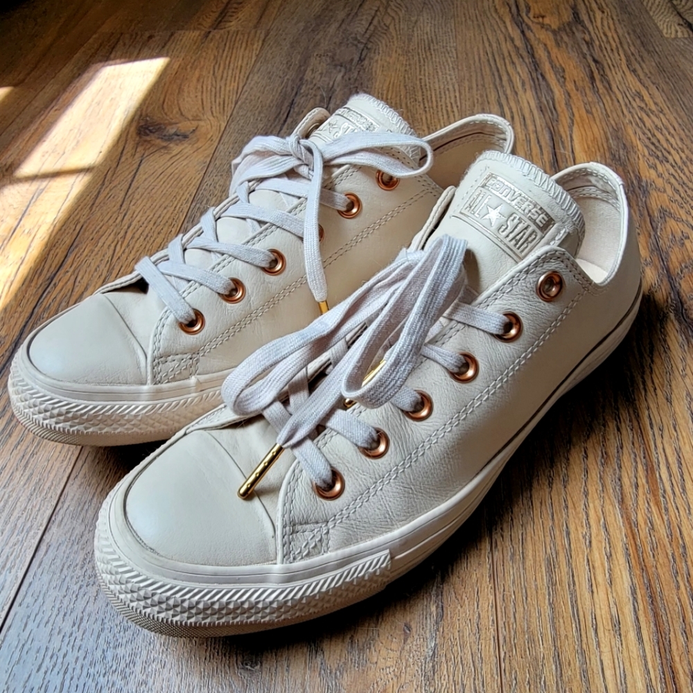 Tan Leather Converse All Star Unisex Sneakers Rose Gold Accents